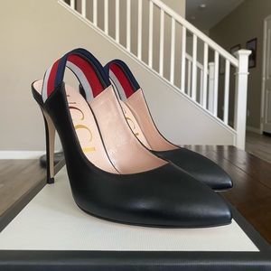 NWT Gucci Sylvie webbing leather Slingback heels